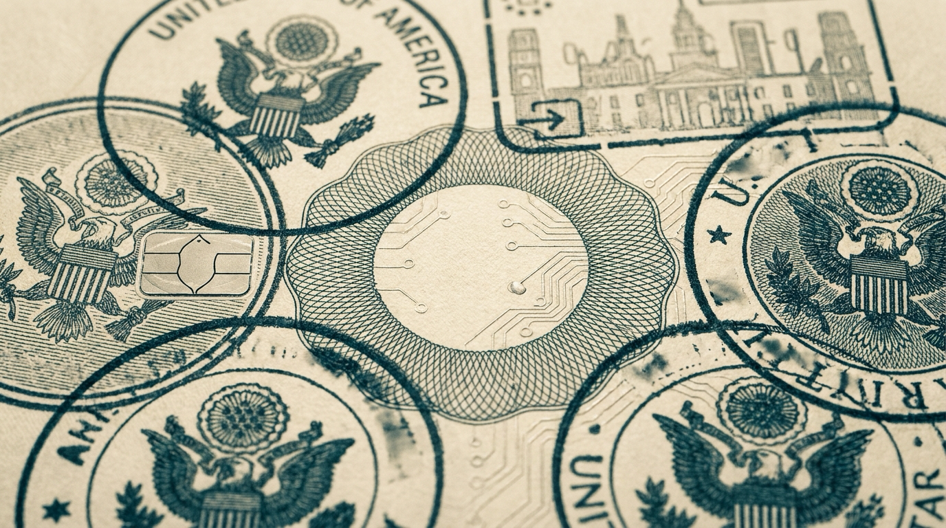 Macro detail of an immigration filing under raking light