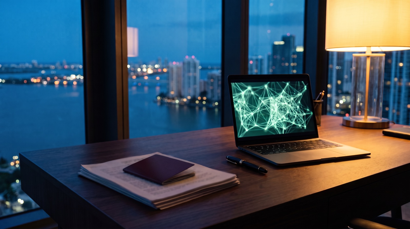 A founder's desk in a Miami high-rise at dusk: a passport on a stack of incorporation papers beside a laptop showing a glowing network graph