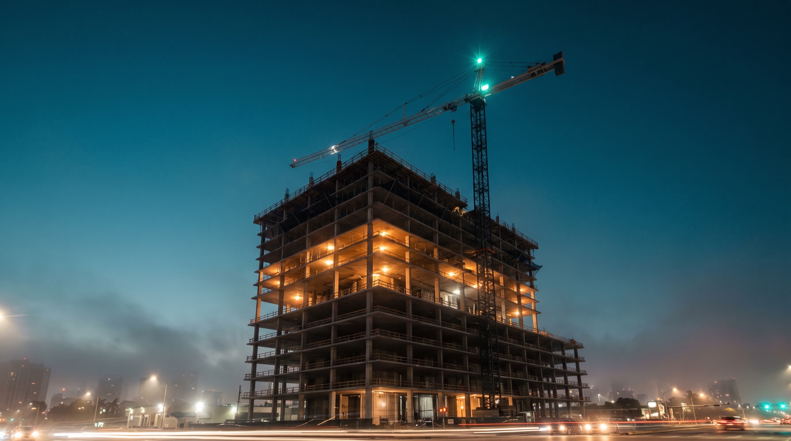A mid-rise building under construction in Miami at dusk, its floors lit warm and a tower crane overhead