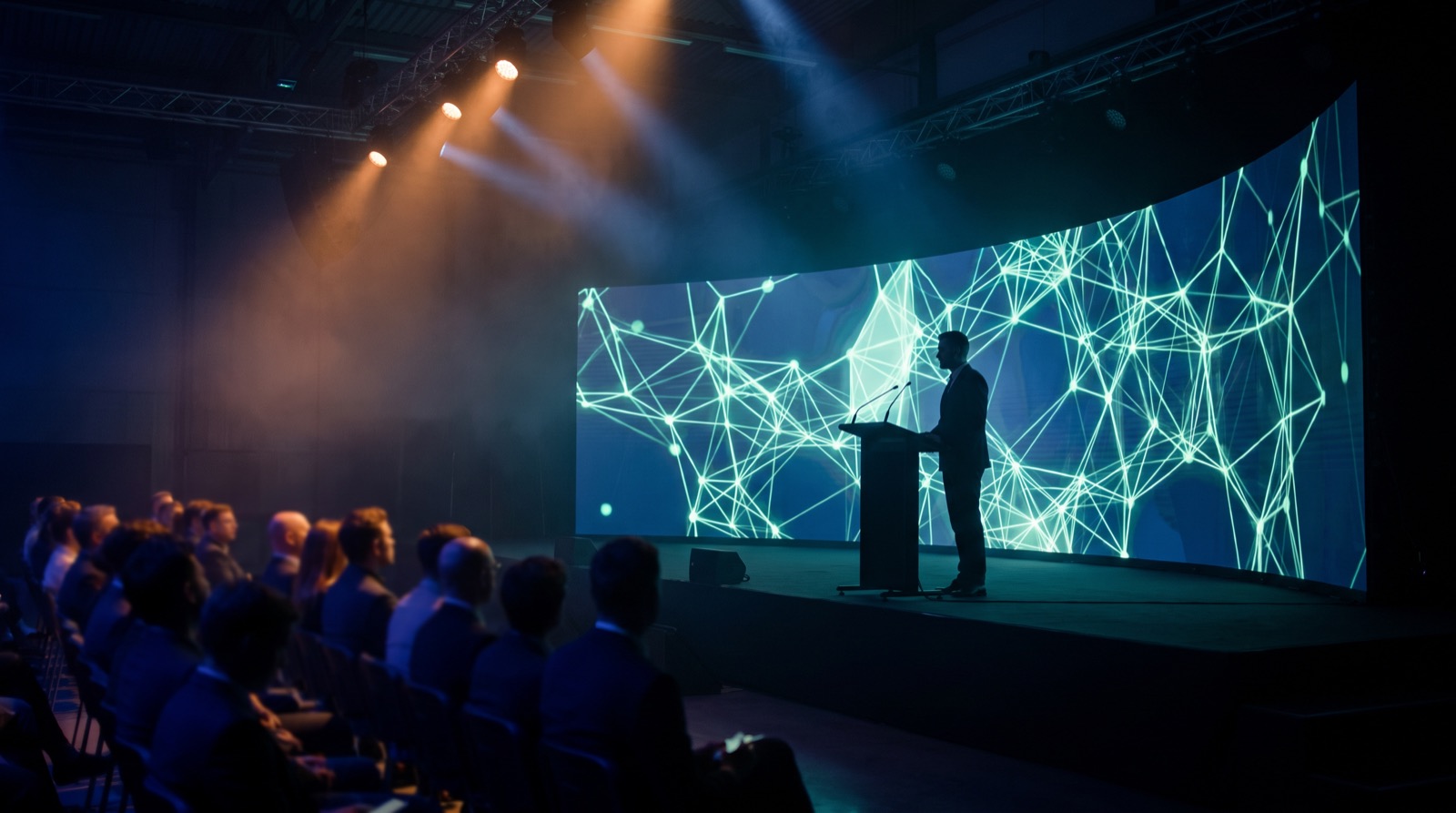 A speaker at a lectern on a dark conference stage, in front of a wide screen showing a glowing network graph