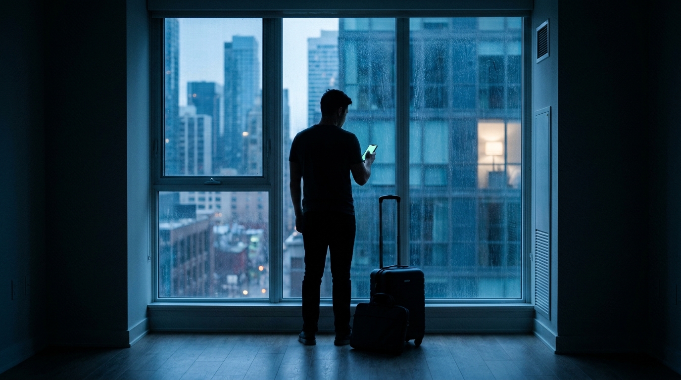 Visas para fundadores cripto: un fundador frente a una ventana al amanecer, con vista a una ciudad de Estados Unidos