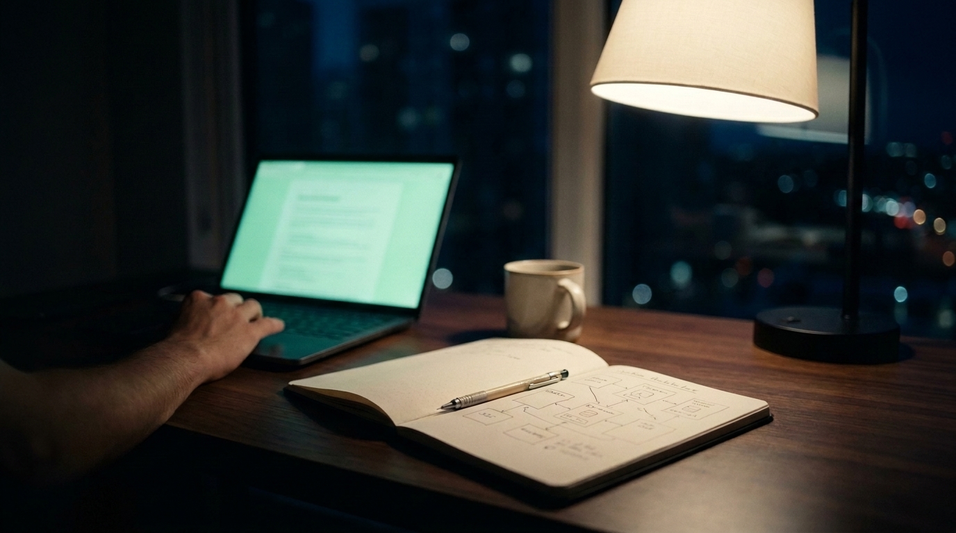 EB-2 NIW for tech professionals: an engineer's desk at night with a laptop and system diagrams