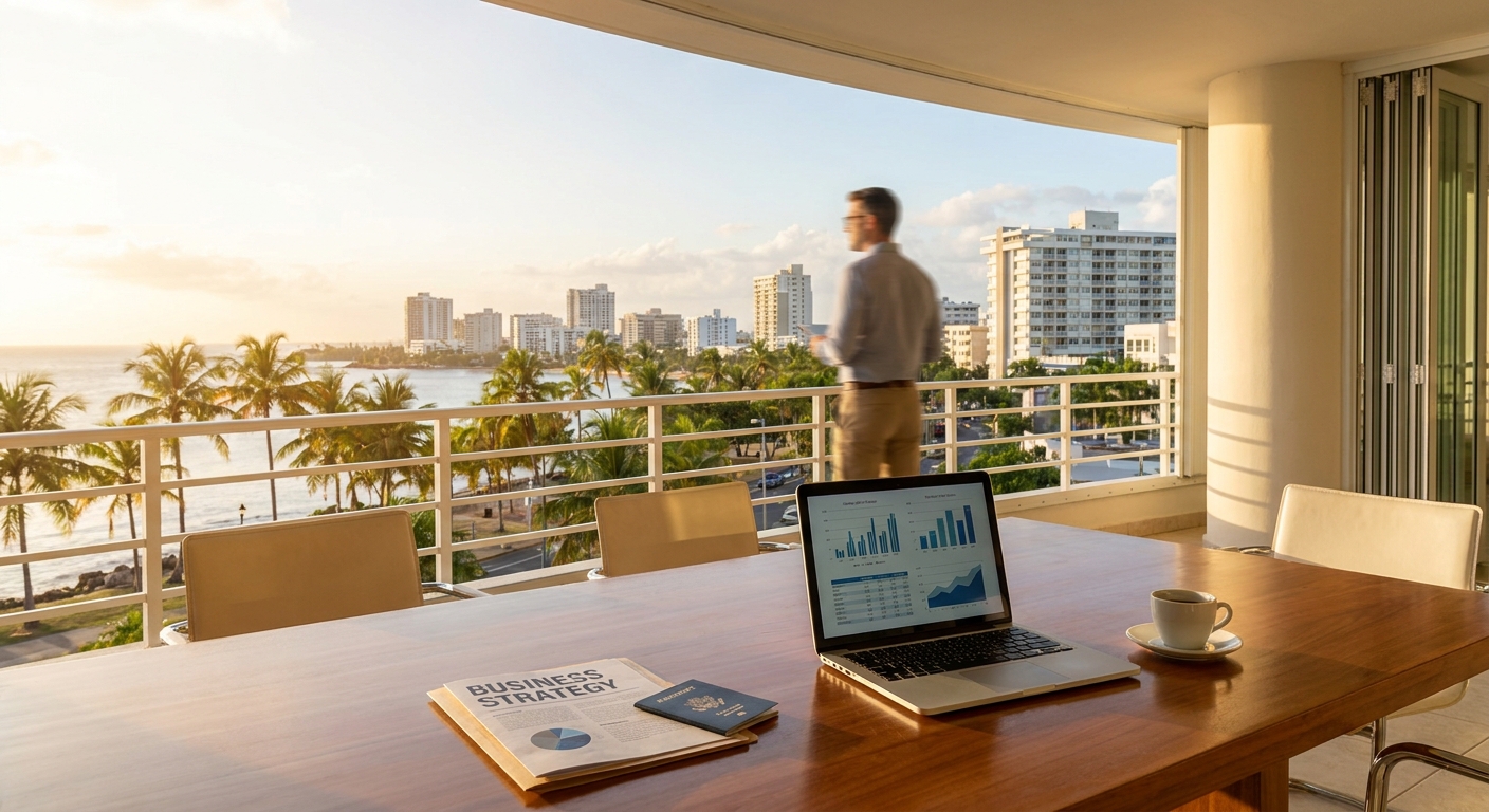 Laptop on a terrace overlooking a palm-lined coastal city, illustrating an E-2 business in Puerto Rico