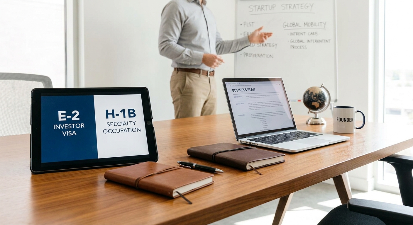 Tablet comparing E-2 and H-1B visas on a meeting table