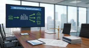 Conference room screen showing an EB-5 capital redeployment diagram
