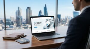 Laptop showing an E-2 company strategy page on a desk overlooking a city skyline
