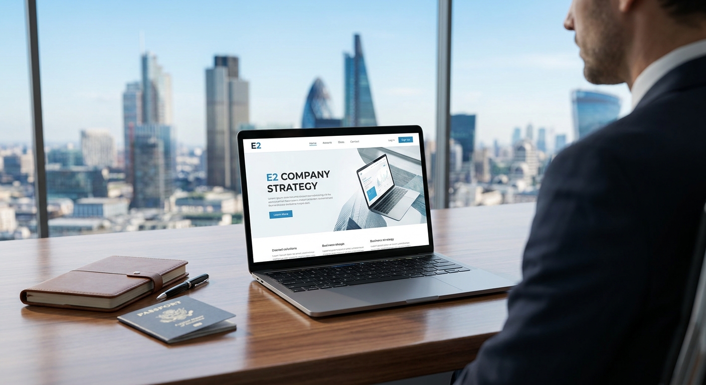 Laptop showing an E-2 company strategy page on a desk overlooking a city skyline
