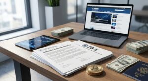 EB-5 paperwork on a desk with a gold bitcoin coin, cash, a U.S. passport, a tablet with charts, and a laptop