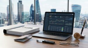 Crypto OTC trading desk: laptop with a trading dashboard, a passport, a hardware wallet, and a bitcoin coin in a city office