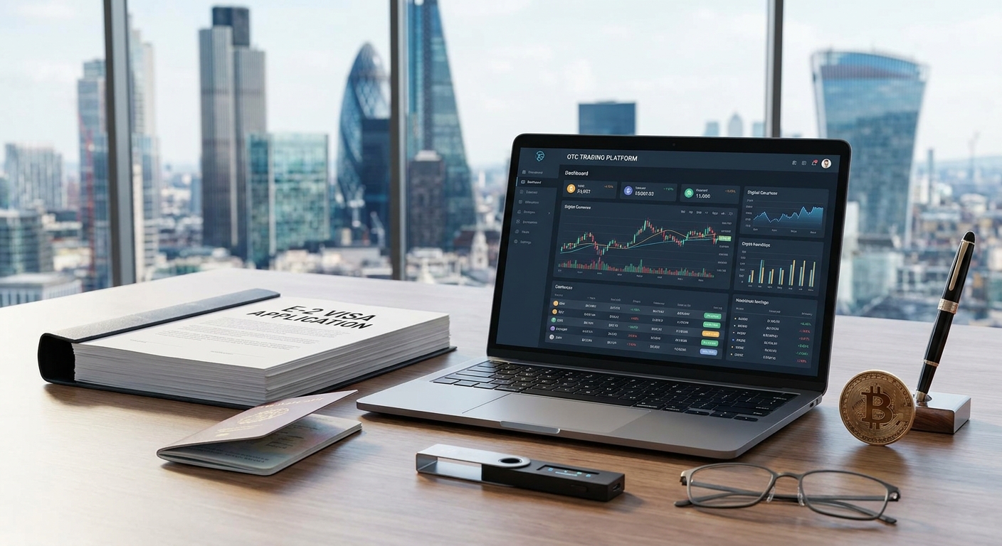 Crypto OTC trading desk: laptop with a trading dashboard, a passport, a hardware wallet, and a bitcoin coin in a city office