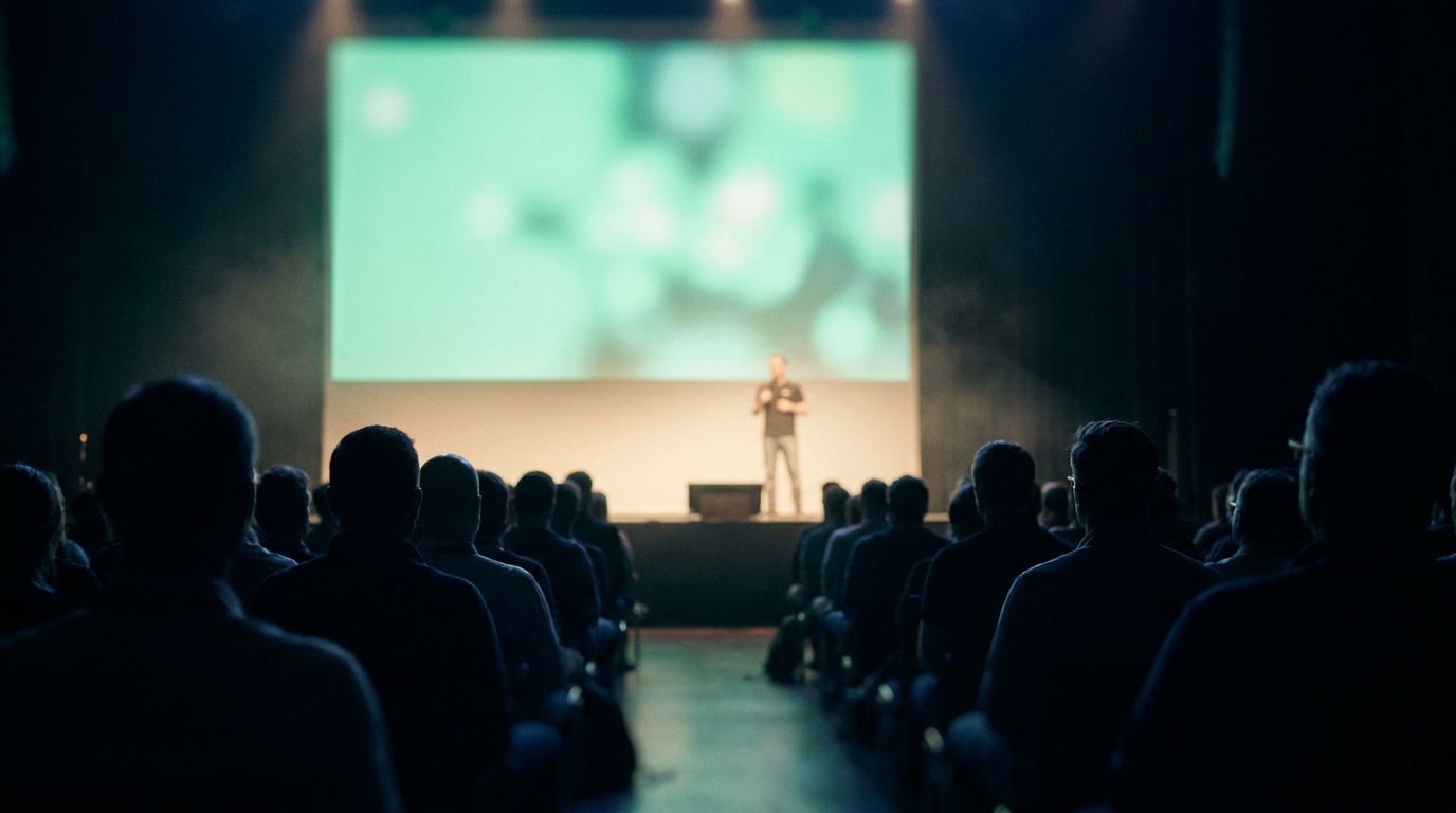 Visa O-1 para emprendedores: una charla técnica en una conferencia, vista desde el fondo del auditorio