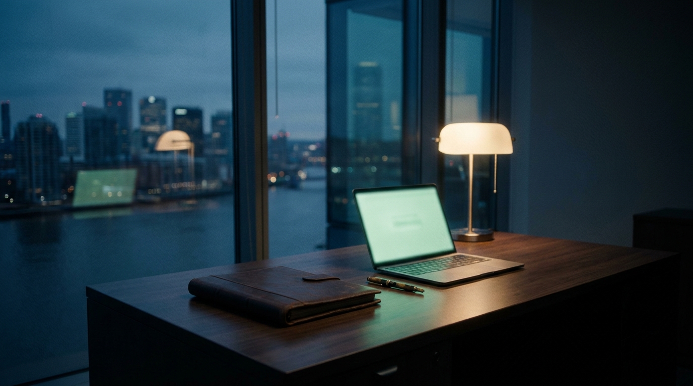 Tech immigration attorney's desk at dusk overlooking a city skyline